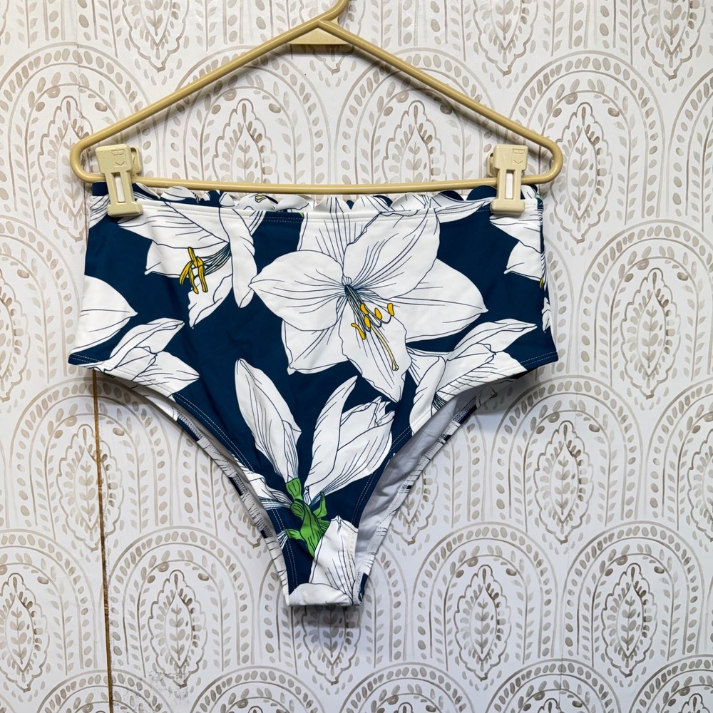CUPSHE Bikini Bottoms Womens‎ XXL Navy Floral Scalloped High Waist Swimwear New
